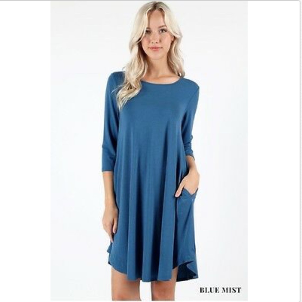 NEW 3/4 Sleeve A-Line Swing Midi Dress Blue Mist